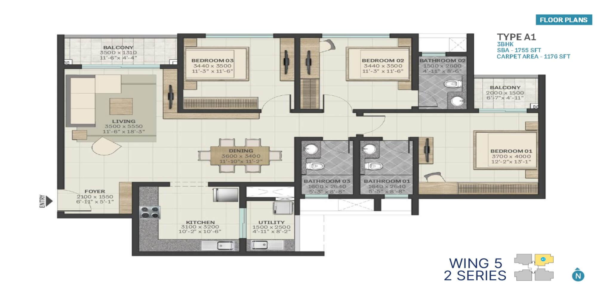 SOBHA Town Park TYPE A1 - 3BHK floor plan layout Bengaluru luxury apartment